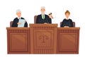 Supreme court tribune. Judges in session, judge holding hammer and justice cartoon vector illustration Royalty Free Stock Photo