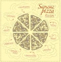 Supreme pizza recipe with ingridients hand drawn menu template