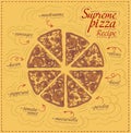 Supreme pizza recipe vector sketch illustration template