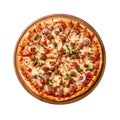 Supreme Pizza On Round Wooden Board Plate On White Background Directly Above View