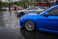 Blue Subaru WRX STI on parking lot Royalty Free Stock Photo