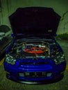 Surakarta Indonesia August 10 2019 a blue Subaru Impreza WRX in a parking lot showing the engine Royalty Free Stock Photo