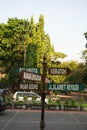 Surakarta, Indonesia - December 23, 2021: A signpost in the Solo city area that shows tourist directions in Surakarta.