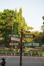 Surakarta, Indonesia - December 23, 2021: A signpost in the Solo city area that shows tourist directions in Surakarta.