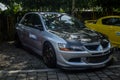 Modified Silver Mitsubishi Lancer Evolution VIII sedan in JDM run car meet Royalty Free Stock Photo