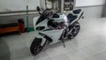 White Yamaha YZF-R1 in a workshop