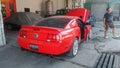 Surakarta Indonesia September 10 2019 red Ford Mustang Shelby GT500 in a workshop Royalty Free Stock Photo