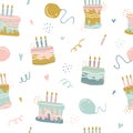 Seamless pattern of with Happy Birthday`s cakes, pies, tarts, muffins. Hand drawn sweet bakery products in sketchy style on the wh Royalty Free Stock Photo