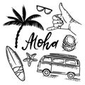 SURF ALOHA Sea Travel Hand Drawn Vector Illustration Set