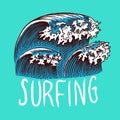 Surf badge. Retro Wave. Vintage Surfer logo. Summer California labels. Engraved emblem hand drawn. Banner or poster.