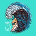 Surf badge. Retro Wave. Vintage Surfer logo. Summer California labels. Man on the surfboard. Engraved emblem hand drawn