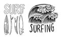 Surf badge. Retro Wave. Vintage Surfer logo. Summer California labels. Surfboard and sea. Engraved emblem hand drawn Royalty Free Stock Photo