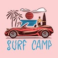 Surf camp badge, Vintage Surfer logo. Retro car. Summer California. Man on the surfboard. Engraved emblem hand drawn Royalty Free Stock Photo