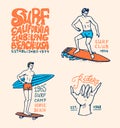Surf badge, wave and ocean. vintage retro background. tropics and california. man on the surfboard, summer on the beach
