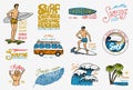 Surf badge and wave, palm tree and ocean. tropics and california. man on the surfboard, summer on the beach and the sea Royalty Free Stock Photo