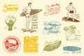 Surf badge and wave, palm tree and ocean. tropics and california. man on the surfboard, summer on the beach and the sea