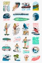 Surf badges, Vintage Surfer logo. Retro Wave and palm. Summer California pins set. Man on the surfboard, beach and sea Royalty Free Stock Photo