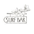 Surf bar. Composition this Signboard and Tropical palm leaves, graphic illustration. Graphic hand drawn painted