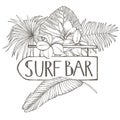 Surf bar. Composition this Signboard and Tropical palm leaves, graphic illustration. Graphic hand drawn painted