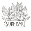 Surf bar. Composition this Signboard and Tropical palm leaves, graphic illustration. Graphic hand drawn painted
