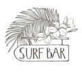 Surf bar. Composition this Signboard and Tropical palm leaves, vector illustration. Graphic hand drawn painted