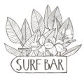 Surf bar. Composition this Signboard and Tropical palm leaves, vector illustration. Graphic hand drawn painted