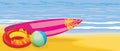 Surf board, beach ball and swimming mattress on th Royalty Free Stock Photo