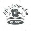 Surf board hire concept. Vector Summer surfing retro badge.