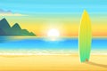 Surf board on a sandy beach. Sunrise or sunset, sand on bay and the mountain wonderful sun shines. Cartoon vector