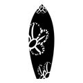 Surf board, summer beach festival, wave conquering. Black silhouette with white doudle flower, isolated on white