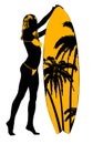 Surf board and young pretty woman bikini and palm trees. Vector design template
