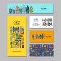 Surf boards collection, surfing time. Concept Art, frame and pattern background. Set of banners in one style hand drawn Royalty Free Stock Photo