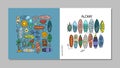 Surf boards collection, surfing time. Concept Art, frame and pattern background. Set of banners in one style hand drawn Royalty Free Stock Photo