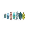 Surf boards collection, tribal ornaments for your design. Vector illustration