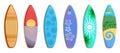 Surf boards. 3D surfboard. Summer ocean vacation. Beach waves on surfer design wood. Tropical sun pattern. Extreme water