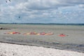 Surf boards lying rigged in the flat water Royalty Free Stock Photo