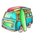 Surf Boards And Retro Surf Van Color Vector Royalty Free Stock Photo