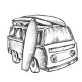 Surf Boards And Retro Surf Van Monochrome Vector Royalty Free Stock Photo