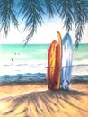 Surf boards on sandy beach. Sunny seascape. Paradise island with palms. Vacation concept. Bright Summer Hand drawn illustration Royalty Free Stock Photo