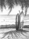 Surf boards on sandy beach. Sunny seascape. Paradise island with palms. Vacation concept. Monochrome Summer Hand drawn illustratio Royalty Free Stock Photo