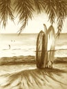 Surf boards on sandy beach. Sunny seascape. Paradise island with palms. Vacation concept. Monochrome Summer Hand drawn Royalty Free Stock Photo