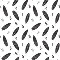 Surf boards seamless pattern hand drawn sketch background, typography design, monochrome vector illustration Royalty Free Stock Photo