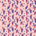 Surf boards and shark fins doodles in pink retro shades seamless pattern