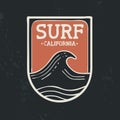 Surf in california beach wave emblem text quote