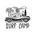 Surf camp badge, Vintage Surfer logo. Retro car. Summer California. Man on the surfboard. Engraved emblem hand drawn Royalty Free Stock Photo