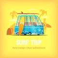 Surf camp vector illustration. Surf bus on a background of palm beach girl holding a surfboard and camp tent Royalty Free Stock Photo