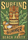 Surf chill poster. Tiki mask surfer summer vibes