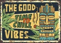 Surf chill poster. Tiki mask surfer summer vibes Royalty Free Stock Photo