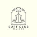 surf club with badge and line art style logo icon template design. malibu beach,sun, sea, vector illustration Royalty Free Stock Photo