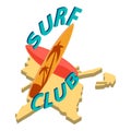Surf club icon isometric vector. Crossed surfboard on florida map background